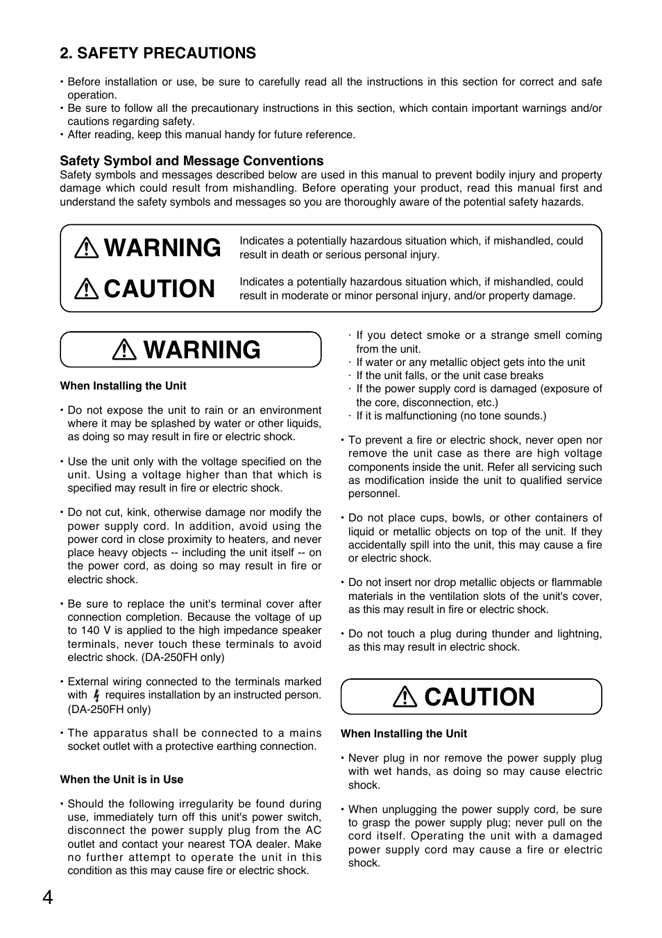 Warning, Warning caution caution, Safety precautions | Vizio DA-250F CU User Manual | Page 4 / 20