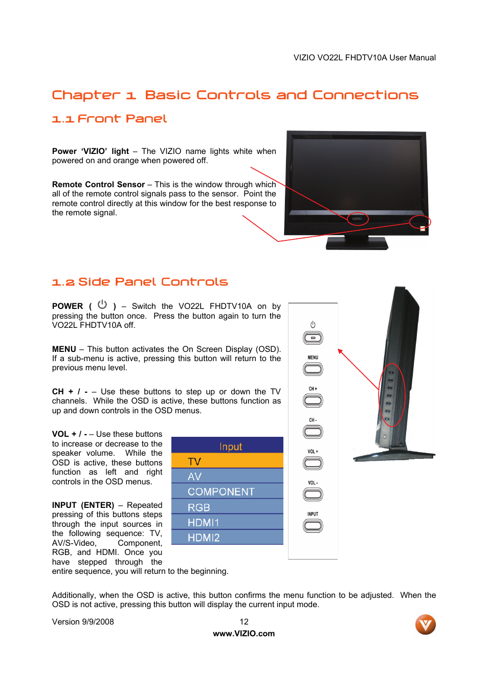 Chapter 1 basic controls and connections, 1 front panel, 2 side panel controls | Vizio VO22L User Manual | Page 12 / 72