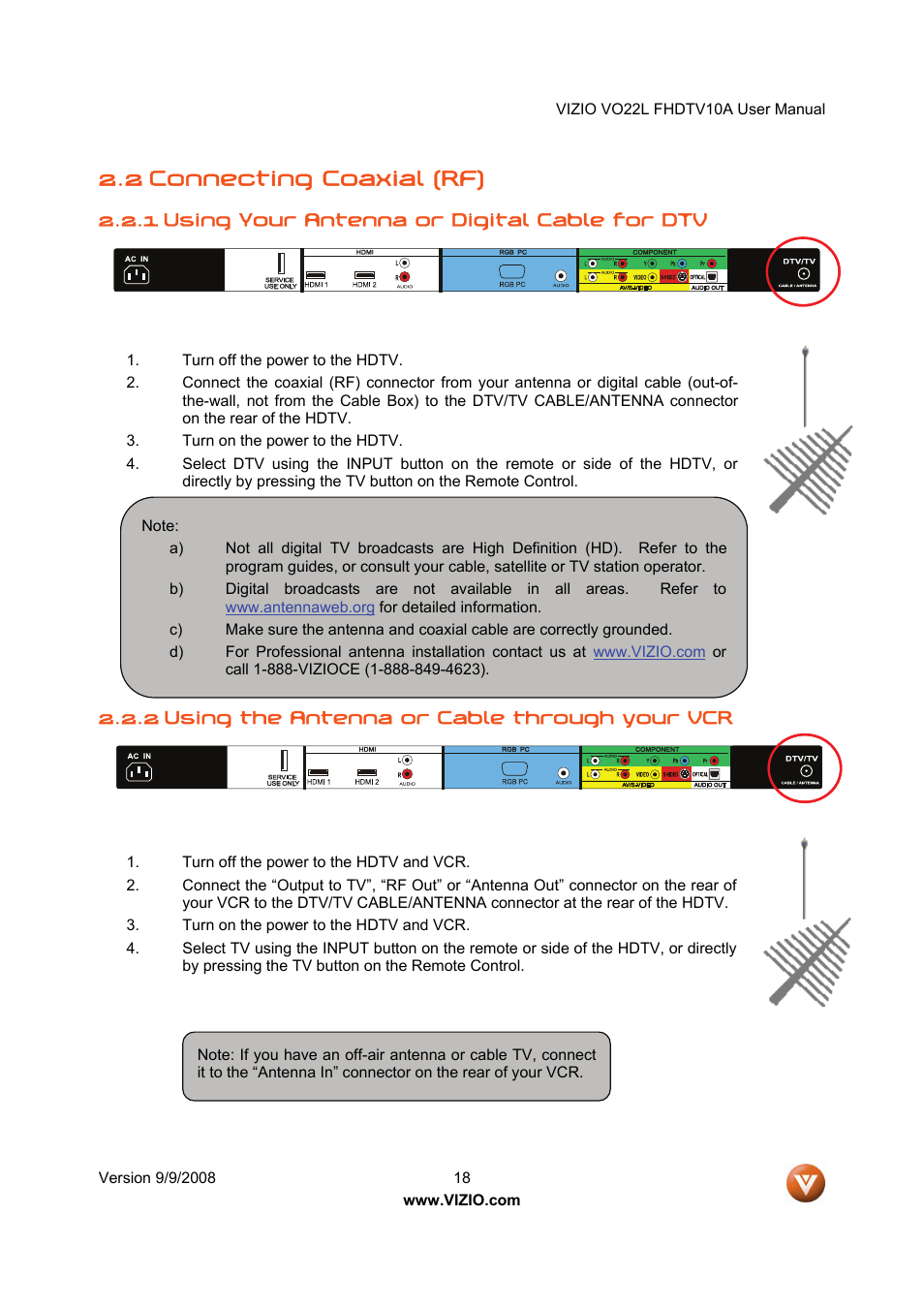 2 connecting coaxial (rf) | Vizio VO22L User Manual | Page 18 / 72