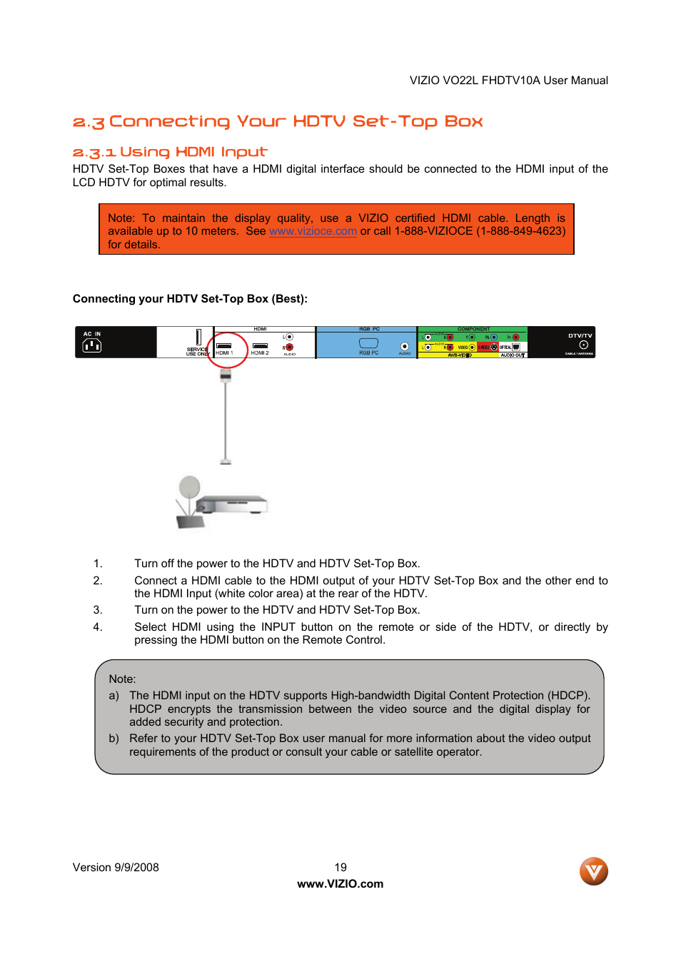 3 connecting your hdtv set-top box | Vizio VO22L User Manual | Page 19 / 72