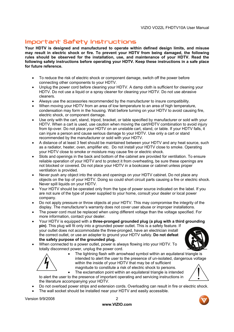 Important safety instructions | Vizio VO22L User Manual | Page 2 / 72