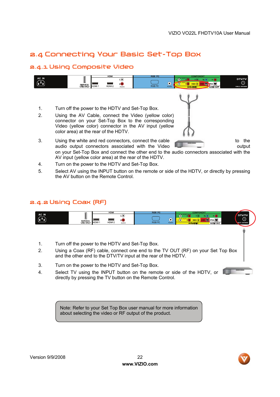 4 connecting your basic set-top box | Vizio VO22L User Manual | Page 22 / 72