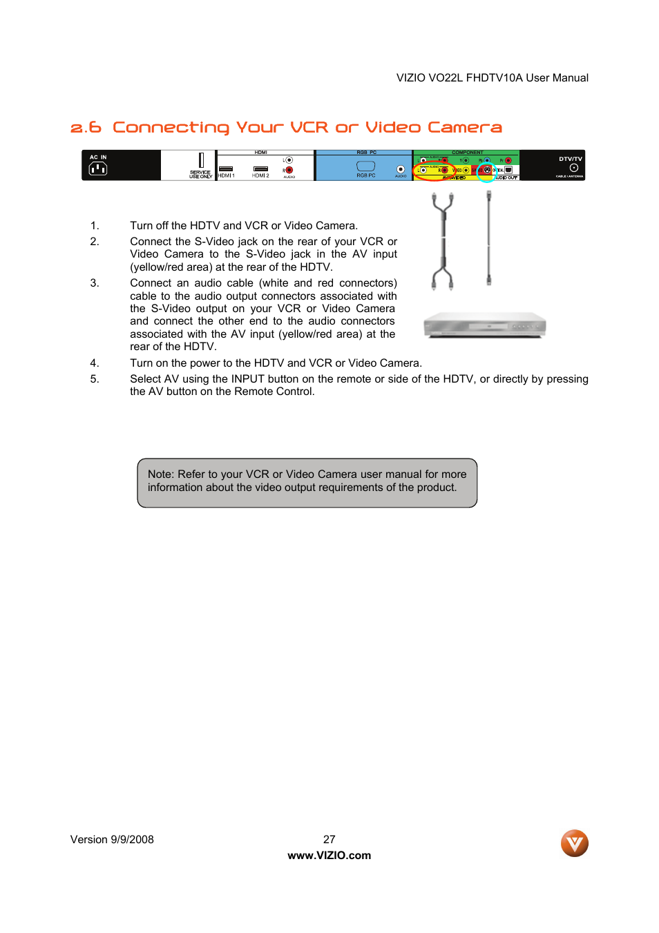 6 connecting your vcr or video camera | Vizio VO22L User Manual | Page 27 / 72