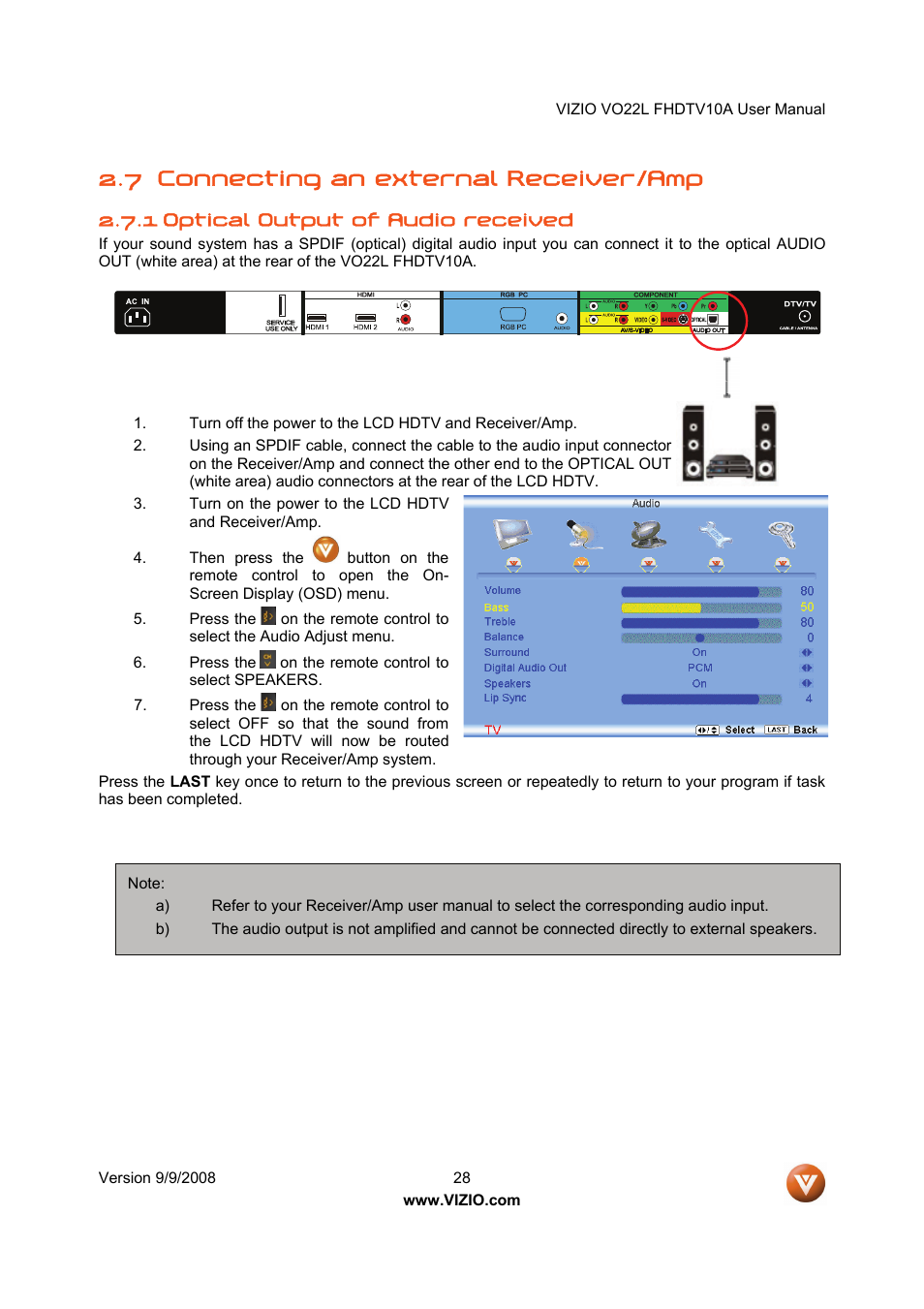 7 connecting an external receiver/amp | Vizio VO22L User Manual | Page 28 / 72