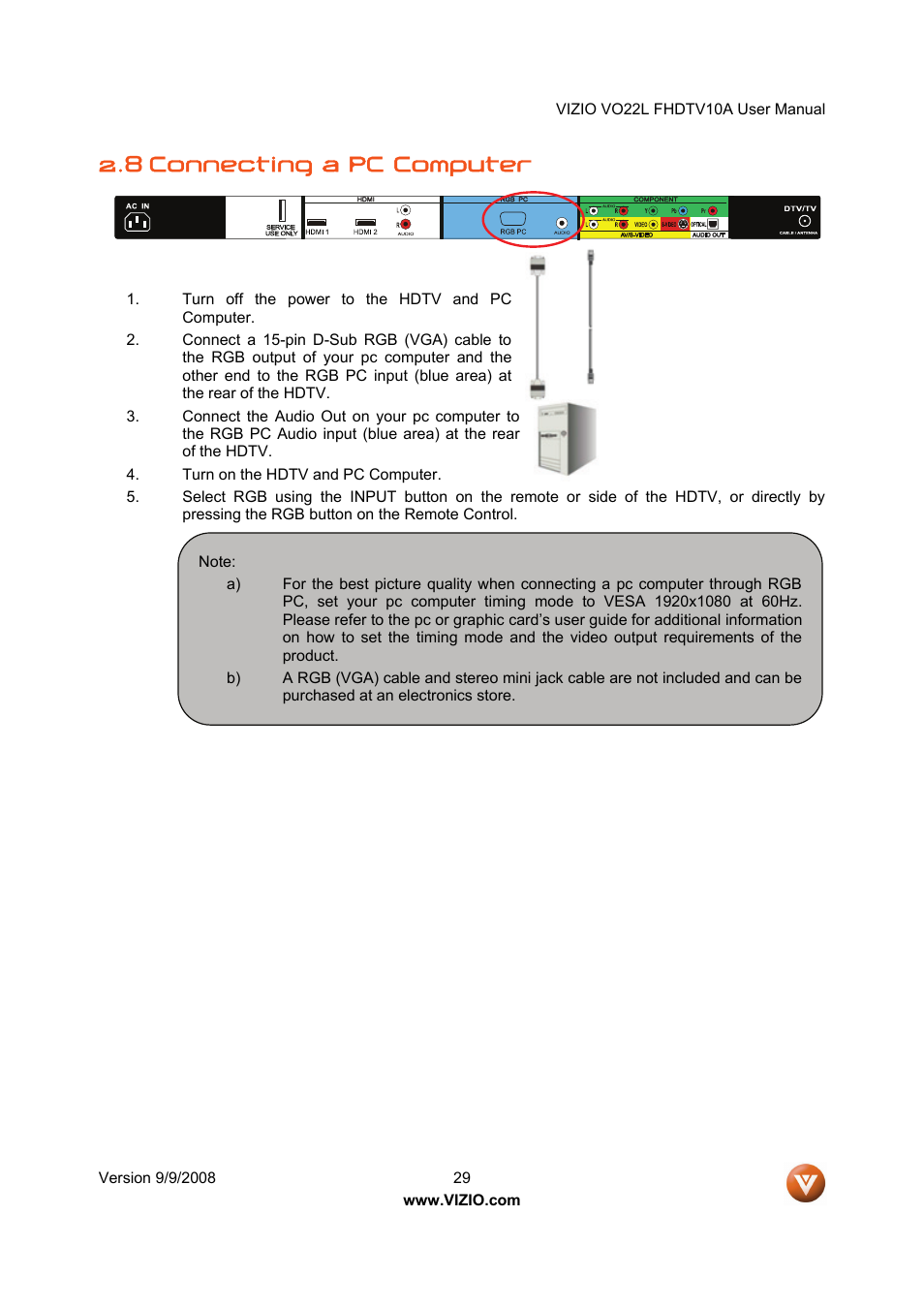 8 connecting a pc computer | Vizio VO22L User Manual | Page 29 / 72