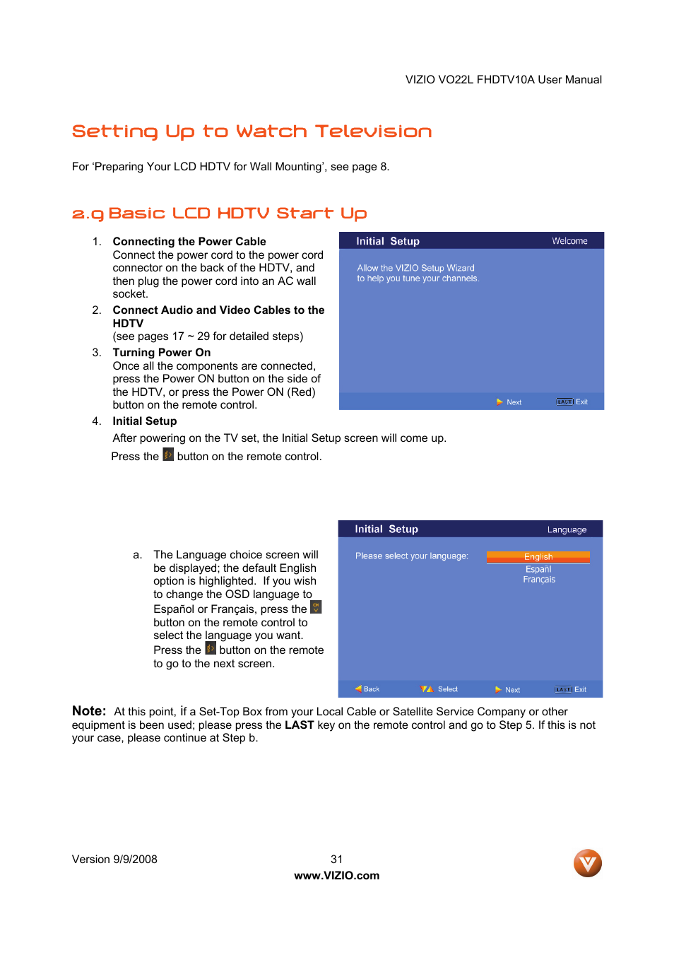 Setting up to watch television, 9 basic lcd hdtv start up | Vizio VO22L User Manual | Page 31 / 72