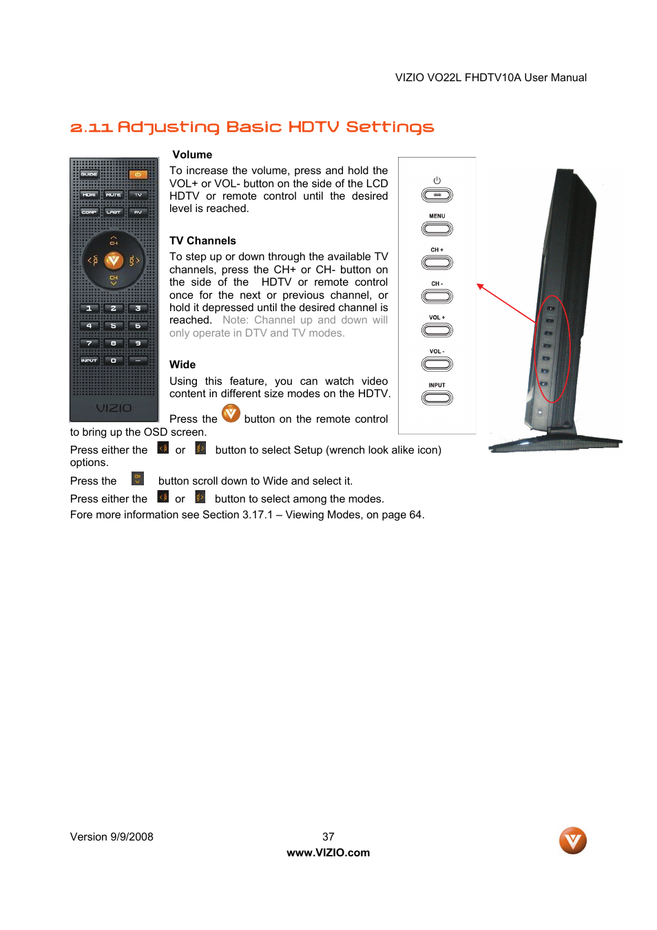 11 adjusting basic hdtv settings | Vizio VO22L User Manual | Page 37 / 72