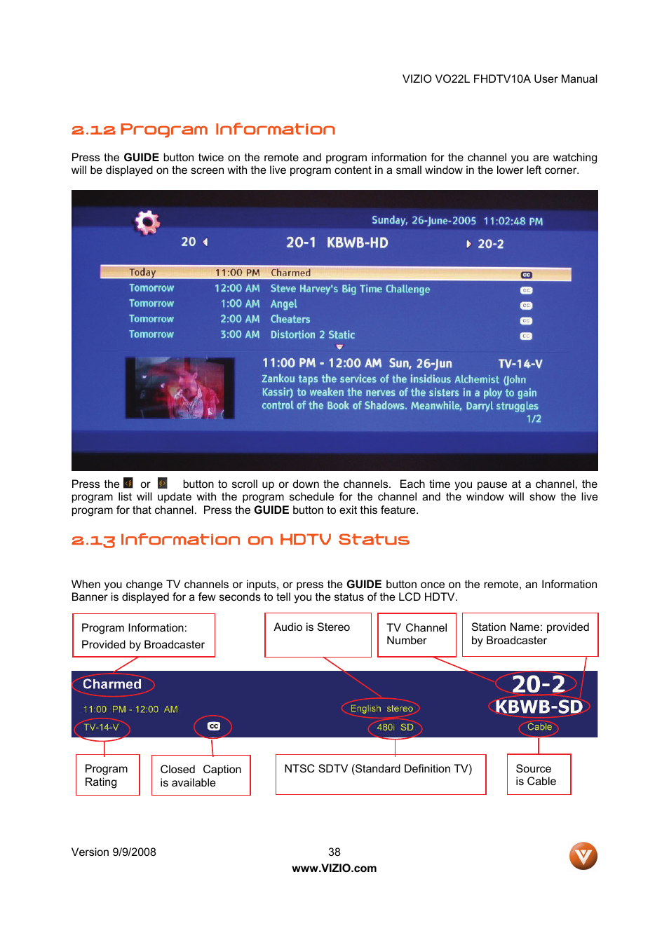 12 program information, 13 information on hdtv status | Vizio VO22L User Manual | Page 38 / 72