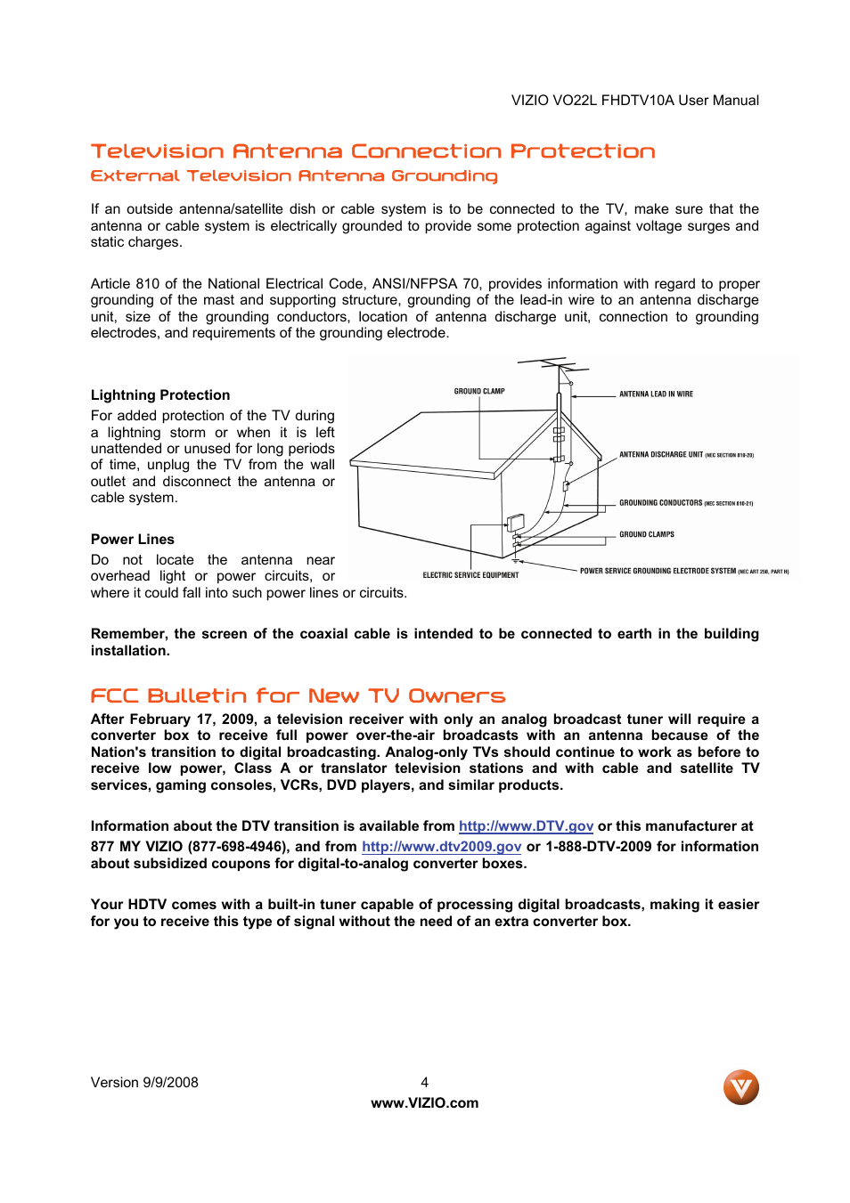 Television antenna connection protection, Fcc bulletin for new tv owners | Vizio VO22L User Manual | Page 4 / 72