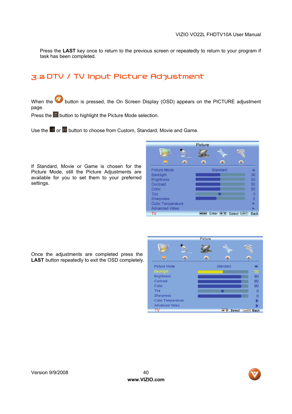 2 dtv / tv input picture adjustment | Vizio VO22L User Manual | Page 40 / 72