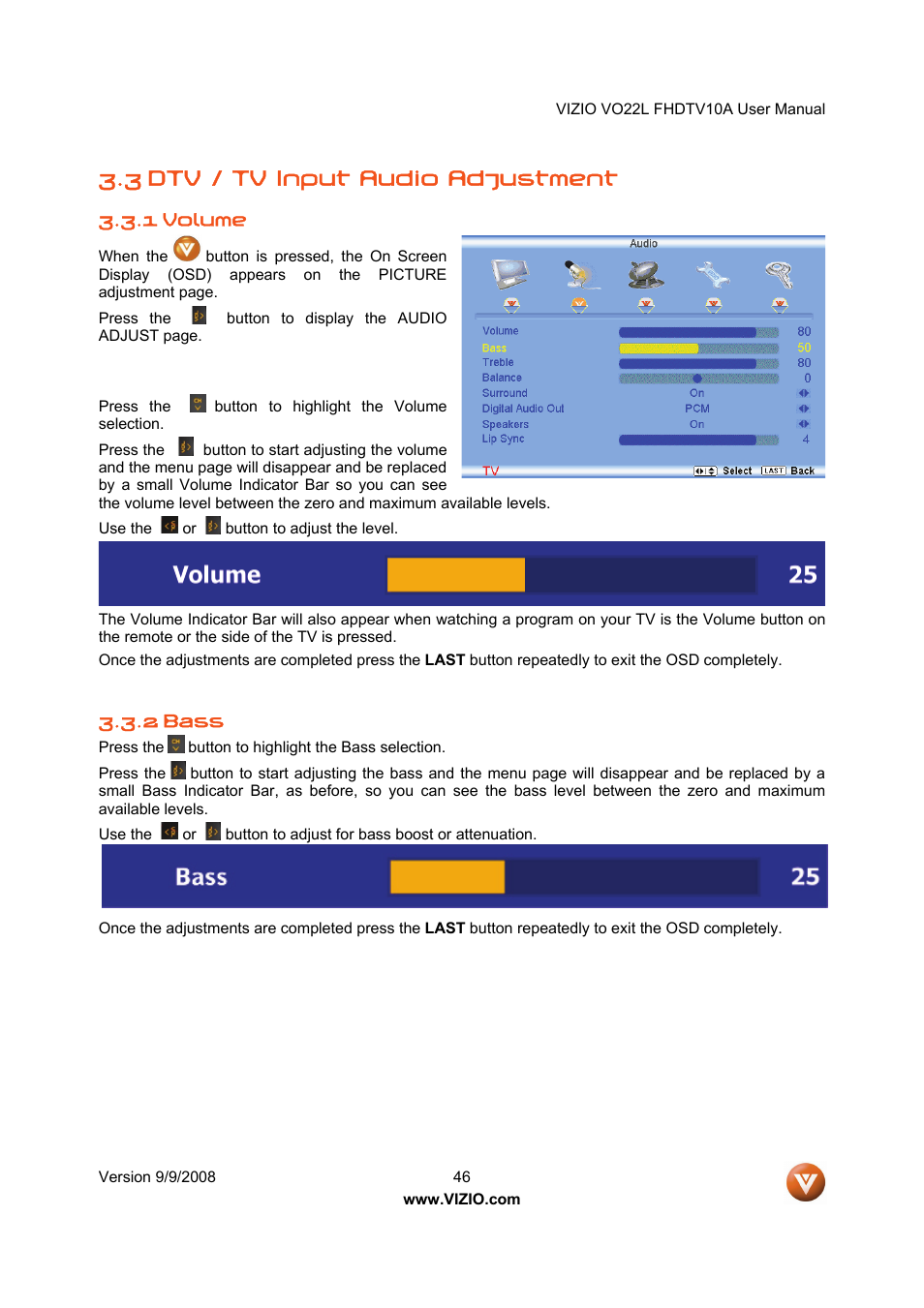3 dtv / tv input audio adjustment | Vizio VO22L User Manual | Page 46 / 72