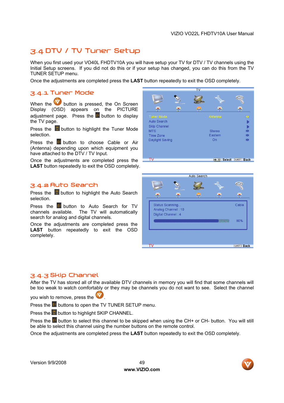 4 dtv / tv tuner setup | Vizio VO22L User Manual | Page 49 / 72