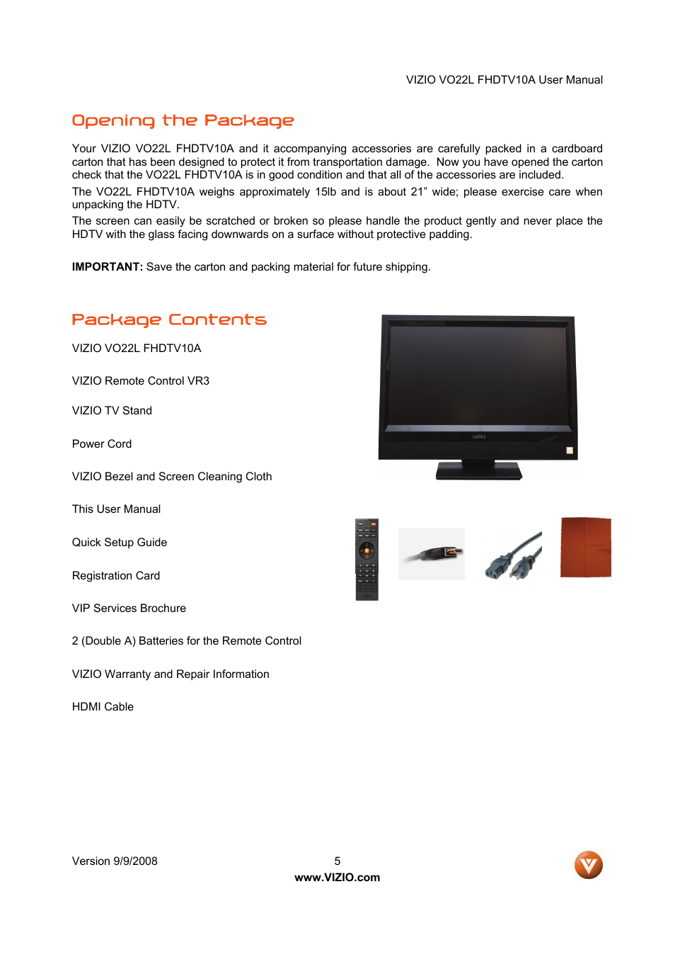 Opening the package, Package contents | Vizio VO22L User Manual | Page 5 / 72