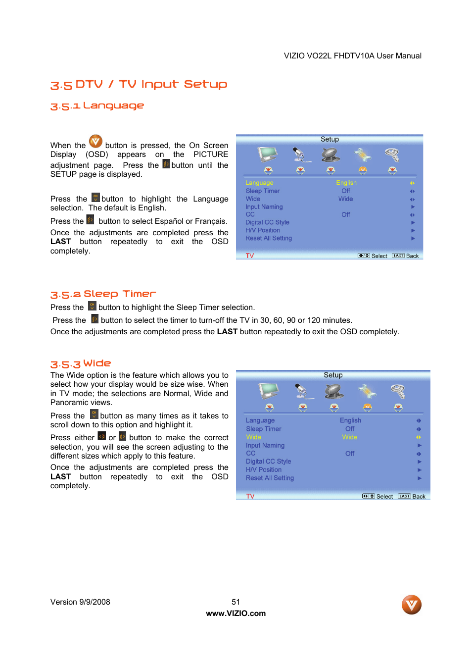 5 dtv / tv input setup | Vizio VO22L User Manual | Page 51 / 72