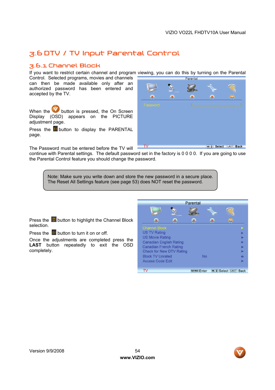 6 dtv / tv input parental control | Vizio VO22L User Manual | Page 54 / 72