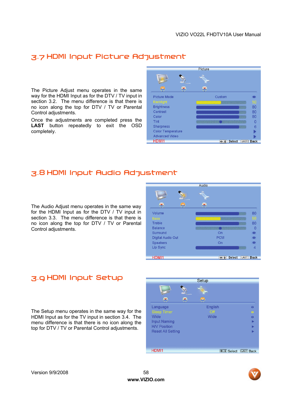 7 hdmi input picture adjustment, 8 hdmi input audio adjustment, 9 hdmi input setup | Vizio VO22L User Manual | Page 58 / 72