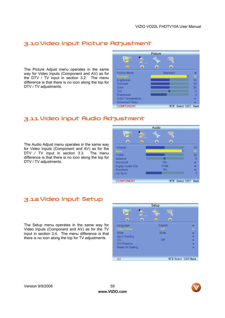 10 video input picture adjustment, 11 video input audio adjustment, 12 video input setup | Vizio VO22L User Manual | Page 59 / 72