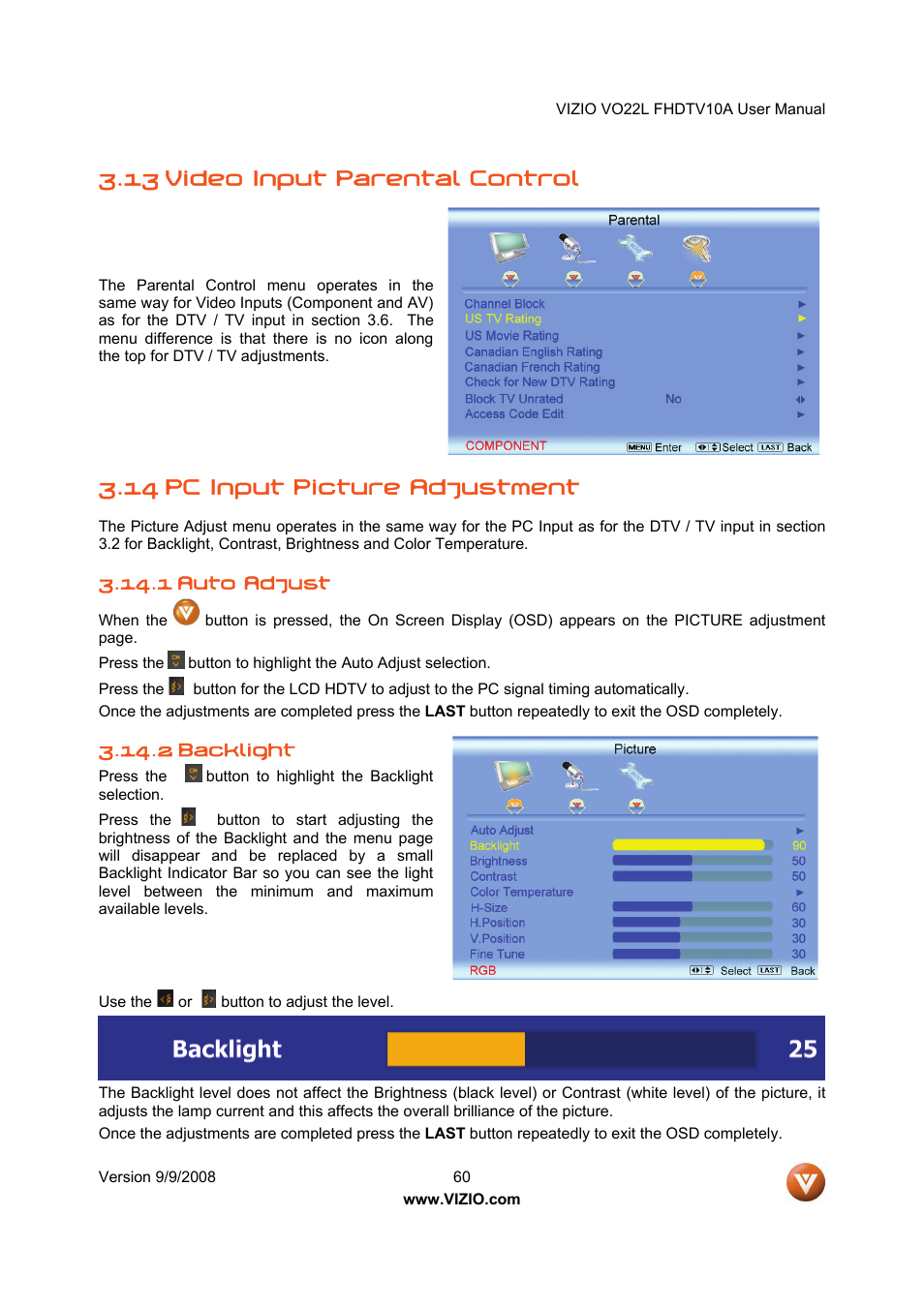 13 video input parental control, 14 pc input picture adjustment | Vizio VO22L User Manual | Page 60 / 72