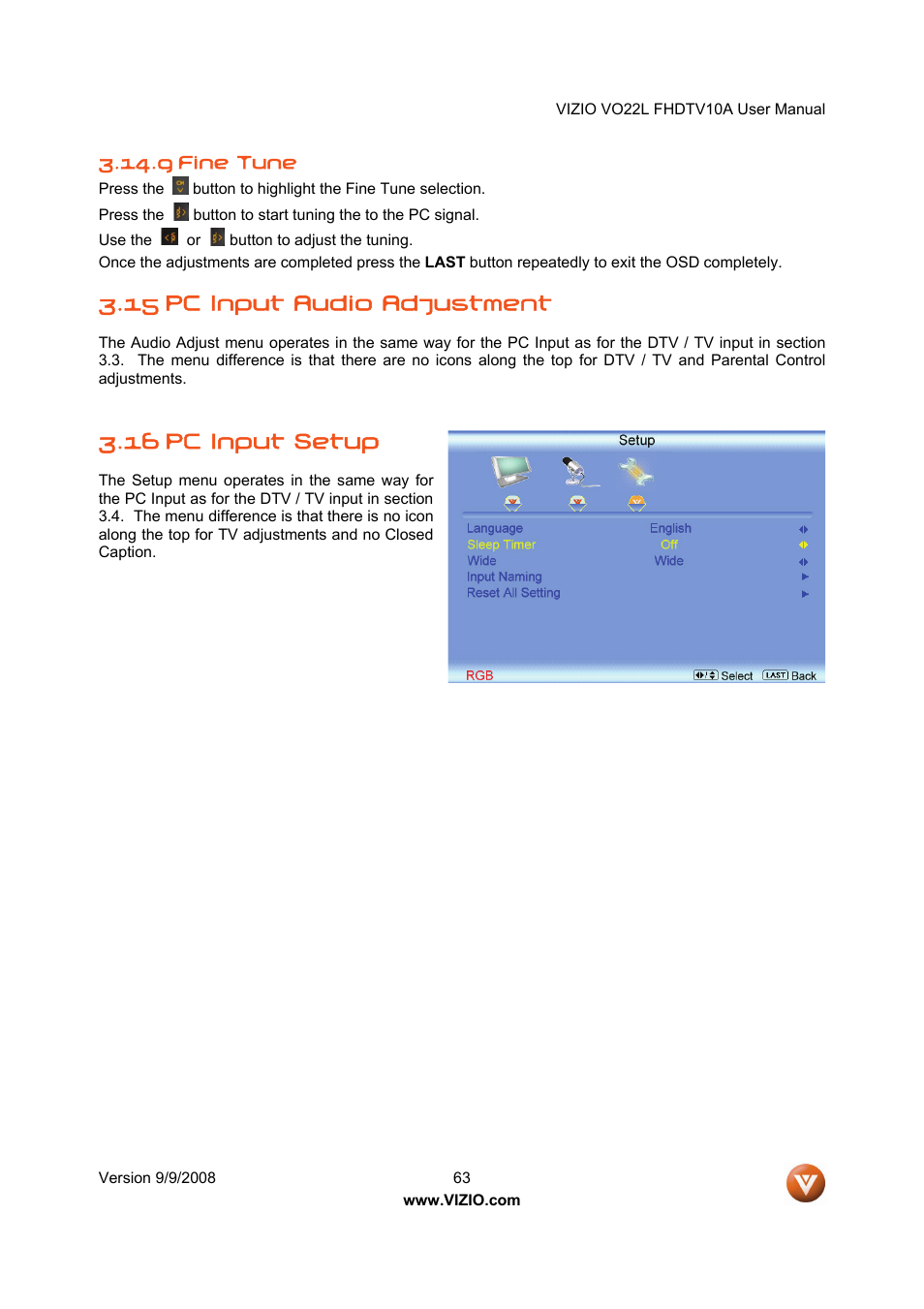 15 pc input audio adjustment, 16 pc input setup | Vizio VO22L User Manual | Page 63 / 72