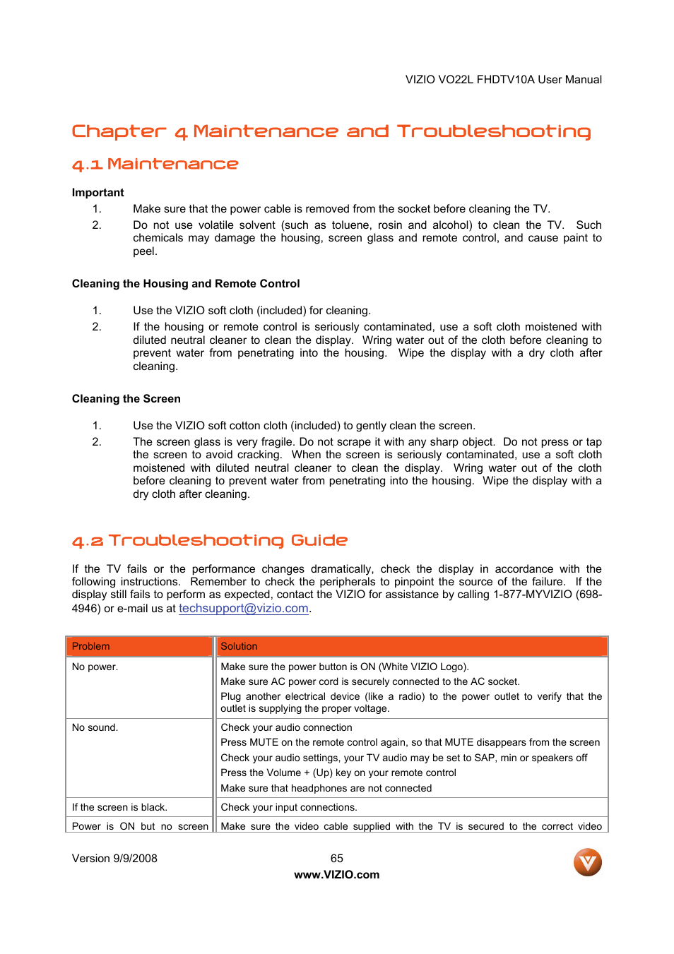 Chapter 4 maintenance and troubleshooting, 1 maintenance, 2 troubleshooting guide | Vizio VO22L User Manual | Page 65 / 72