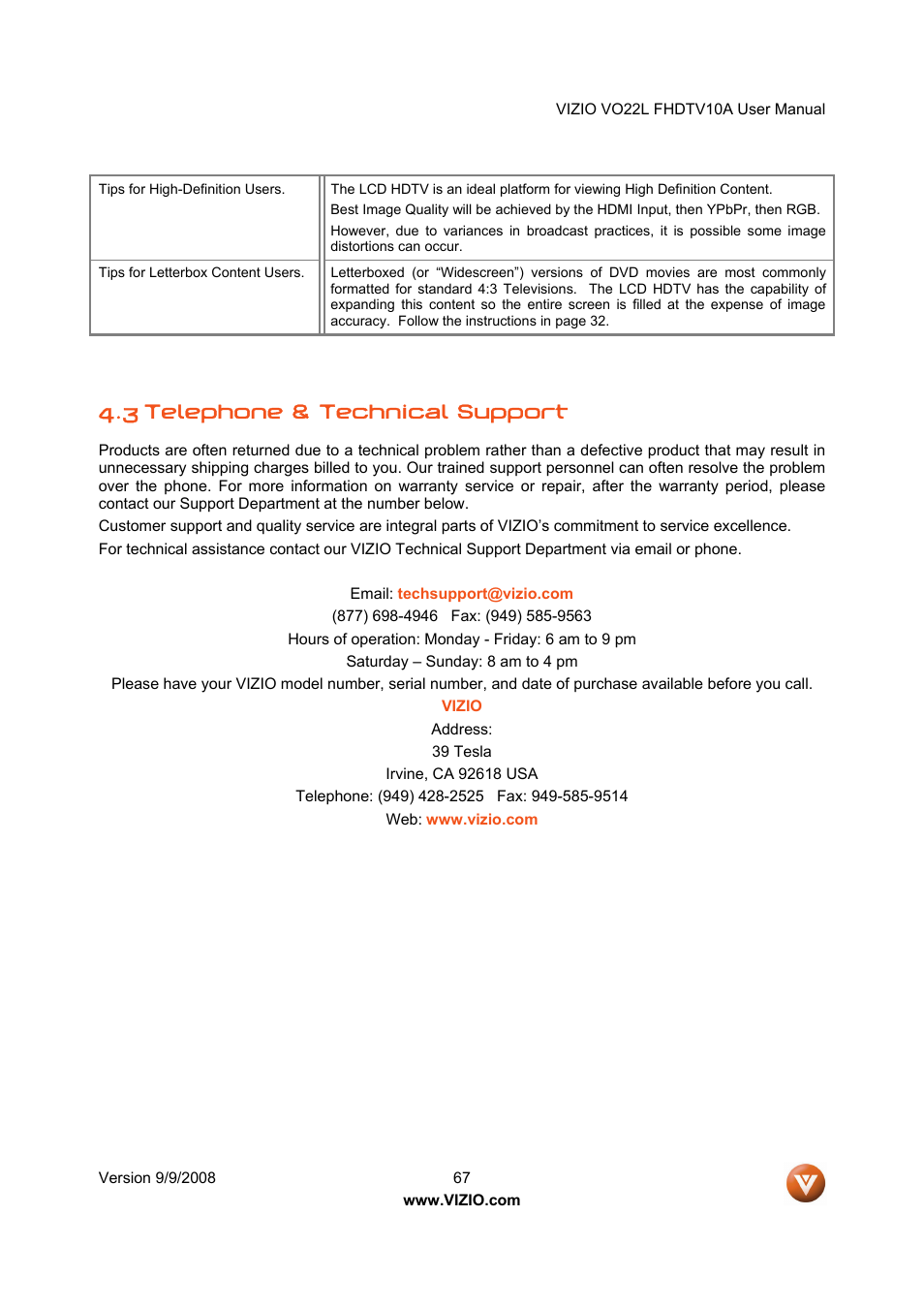 3 telephone & technical support | Vizio VO22L User Manual | Page 67 / 72