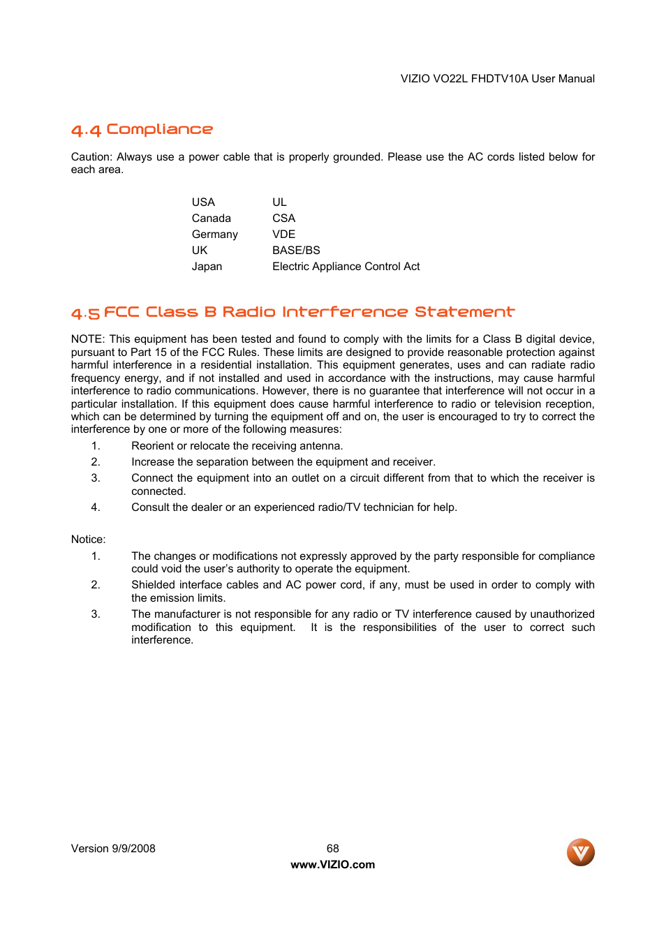 Compliance, 5 fcc class b radio interference statement | Vizio VO22L User Manual | Page 68 / 72