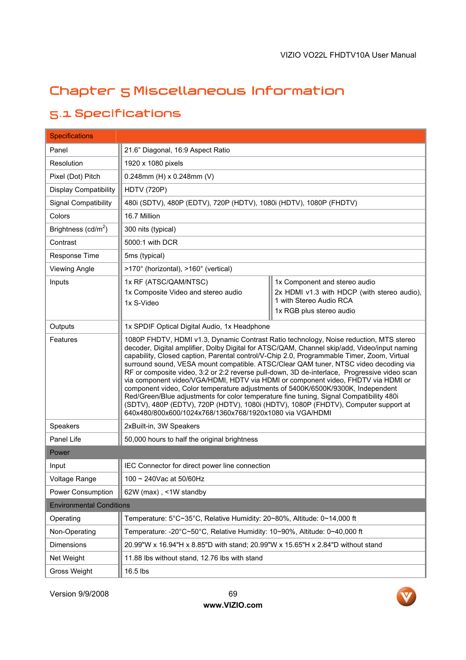 Chapter 5 miscellaneous information, 1 specifications | Vizio VO22L User Manual | Page 69 / 72