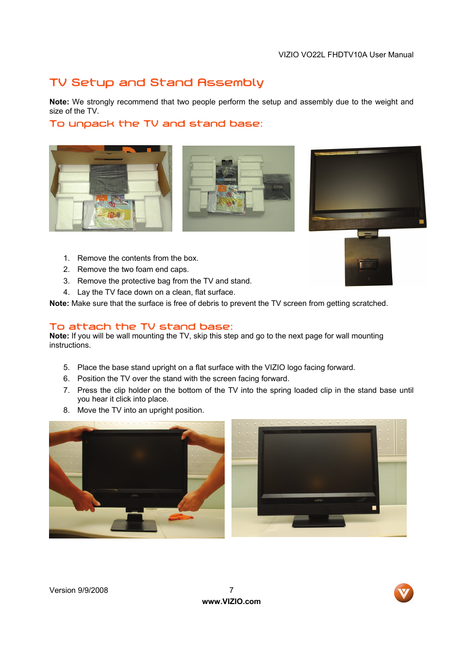 Tv setup and stand assembly | Vizio VO22L User Manual | Page 7 / 72