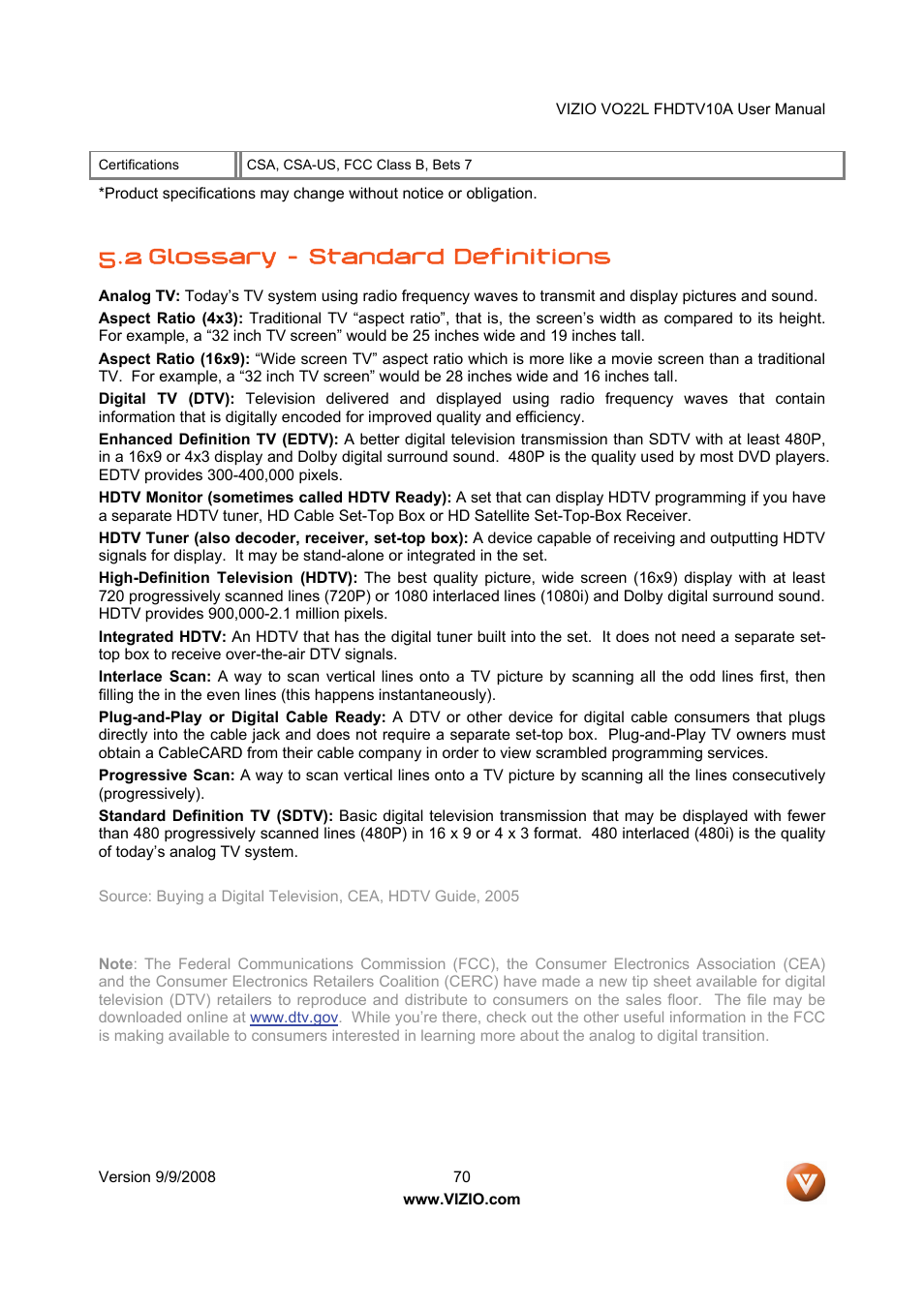 2 glossary – standard definitions | Vizio VO22L User Manual | Page 70 / 72