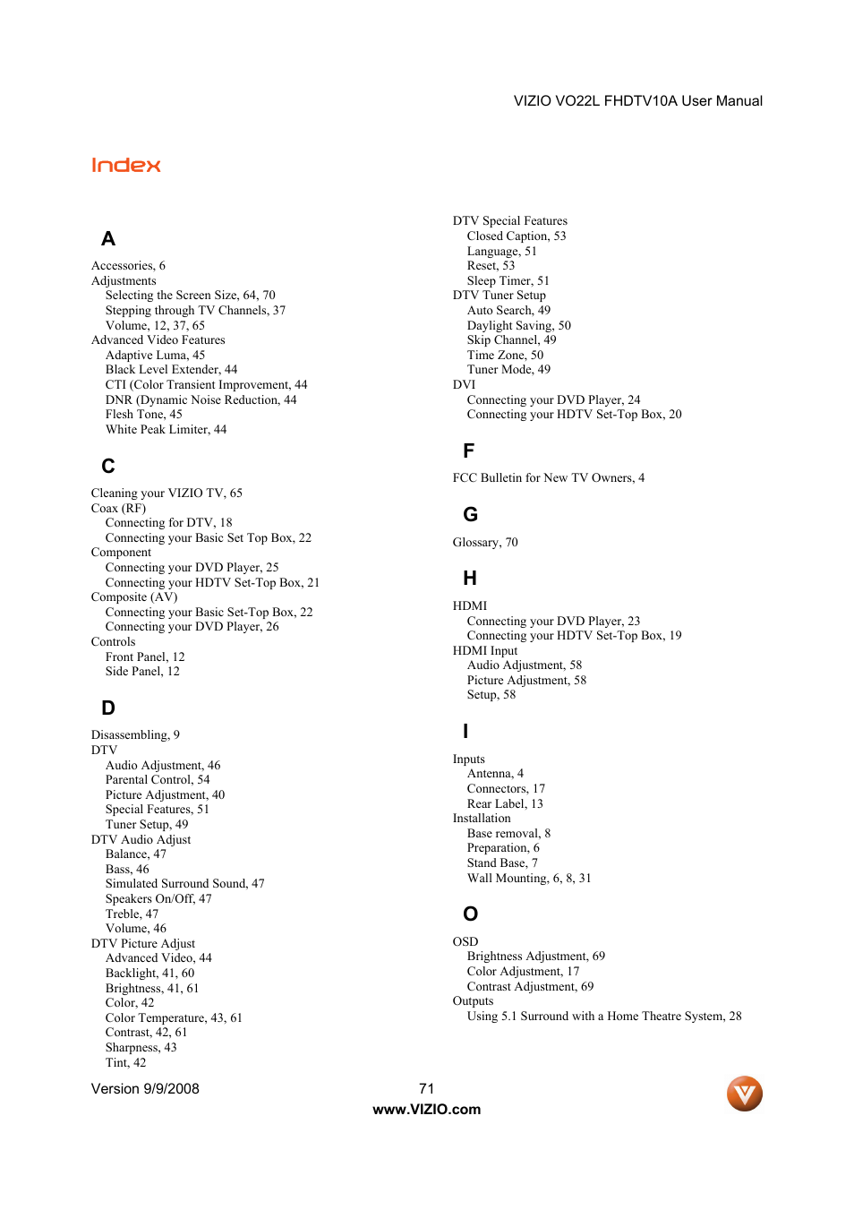 Index a | Vizio VO22L User Manual | Page 71 / 72