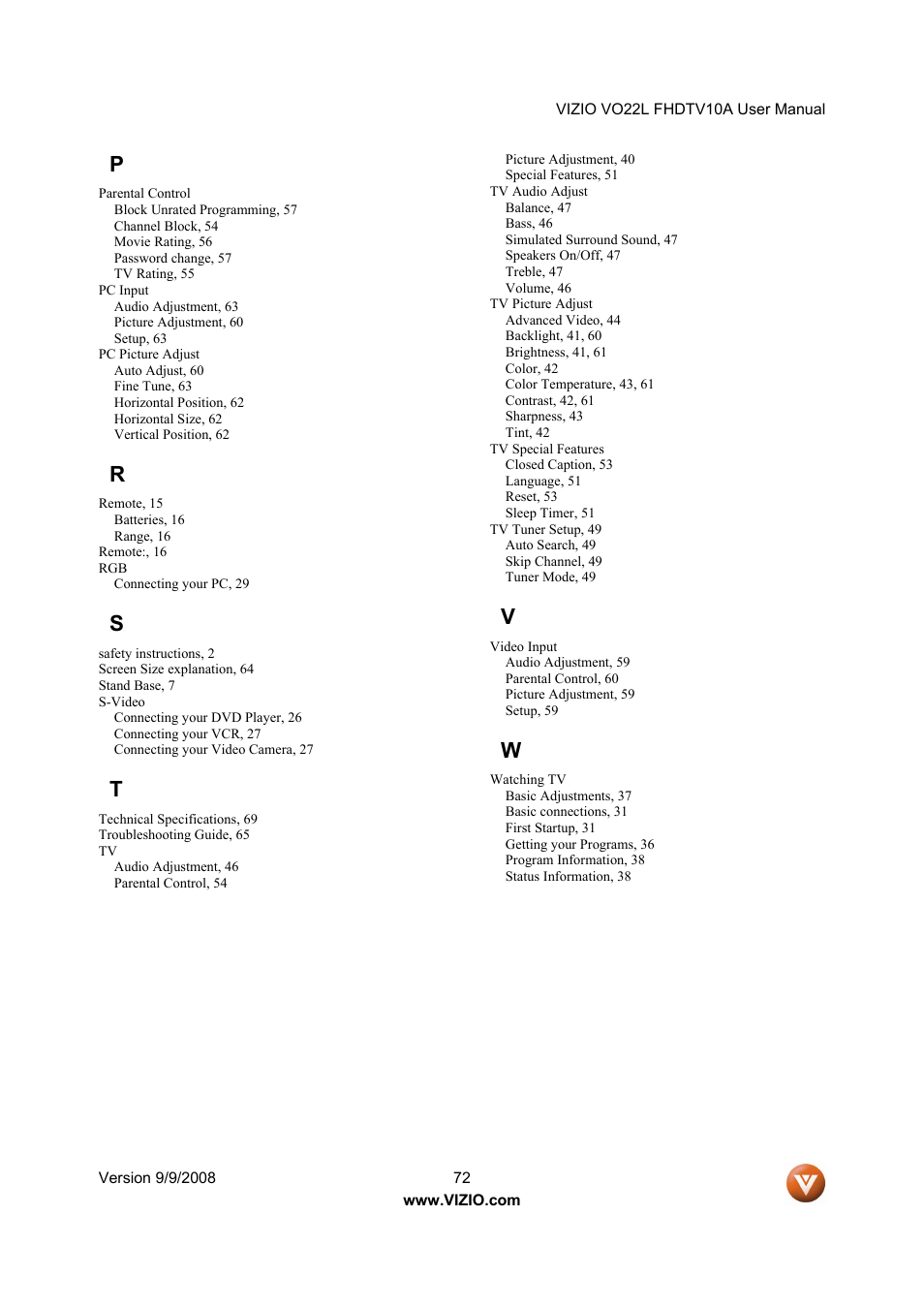 Vizio VO22L User Manual | Page 72 / 72