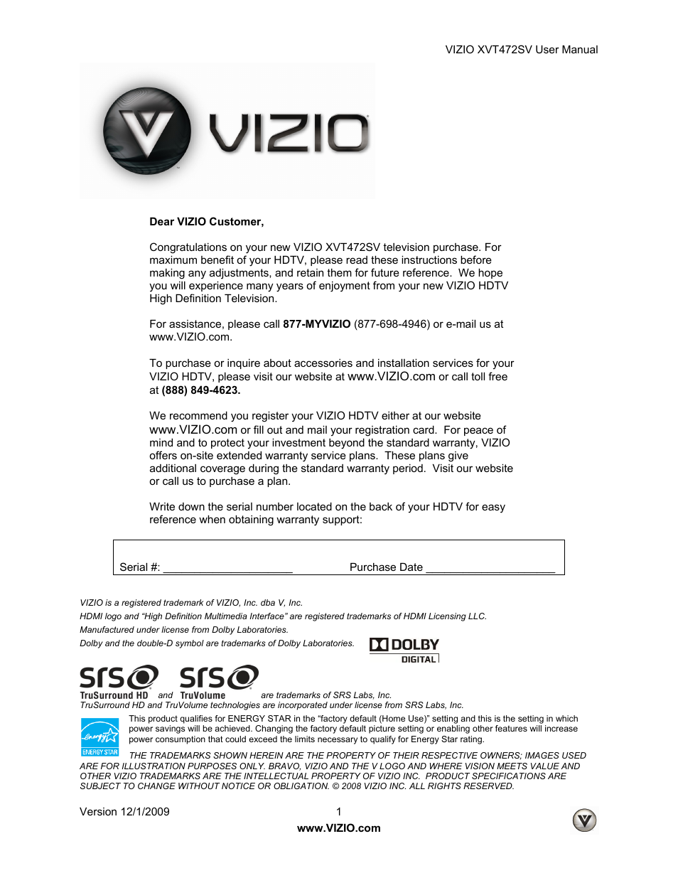 Vizio XVT472SV User Manual | 83 pages