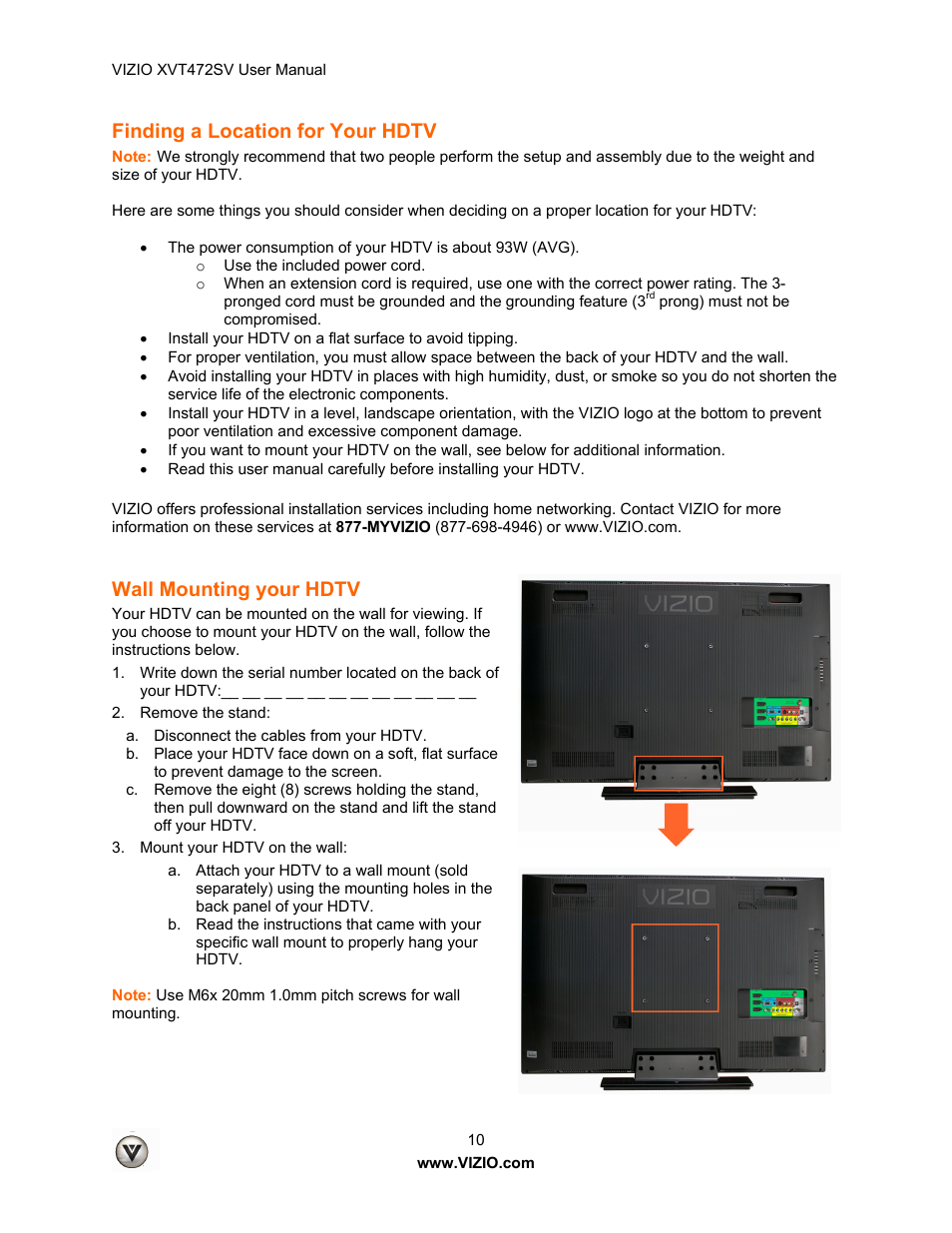 Finding a location for your hdtv, Wall mounting your hdtv | Vizio XVT472SV User Manual | Page 10 / 83