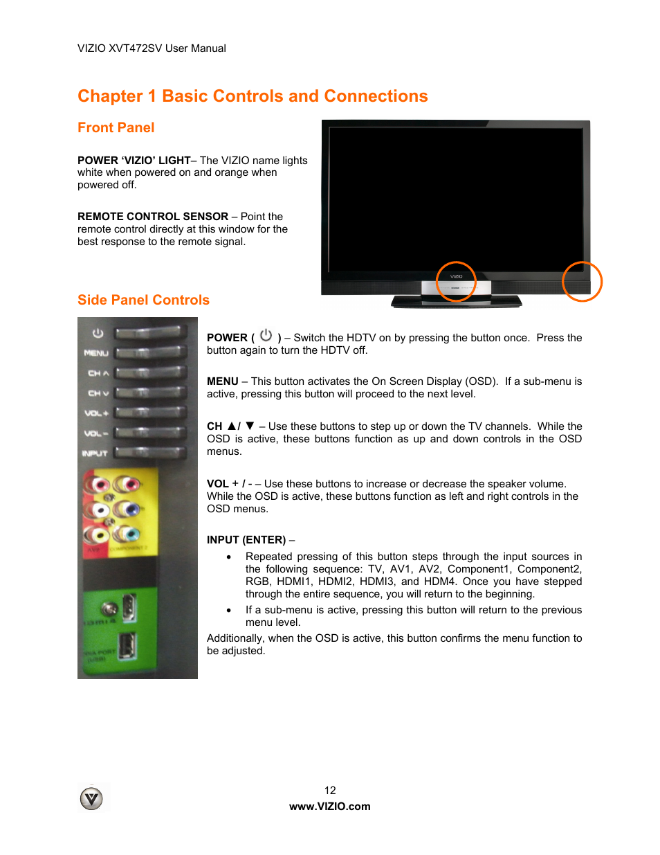 Chapter 1 basic controls and connections, Front panel, Side panel controls | Vizio XVT472SV User Manual | Page 12 / 83