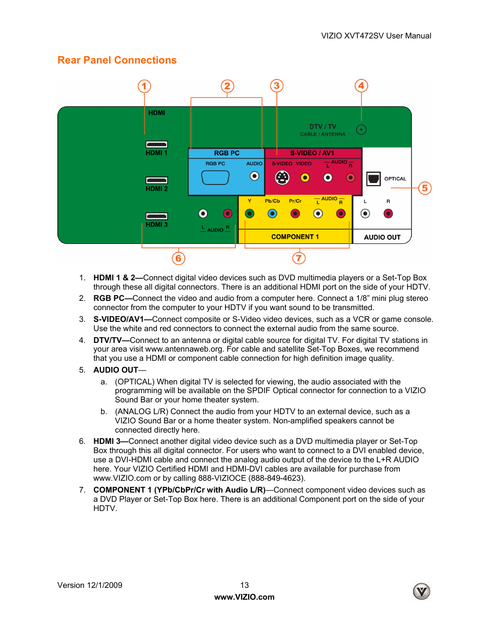 Rear panel connections | Vizio XVT472SV User Manual | Page 13 / 83