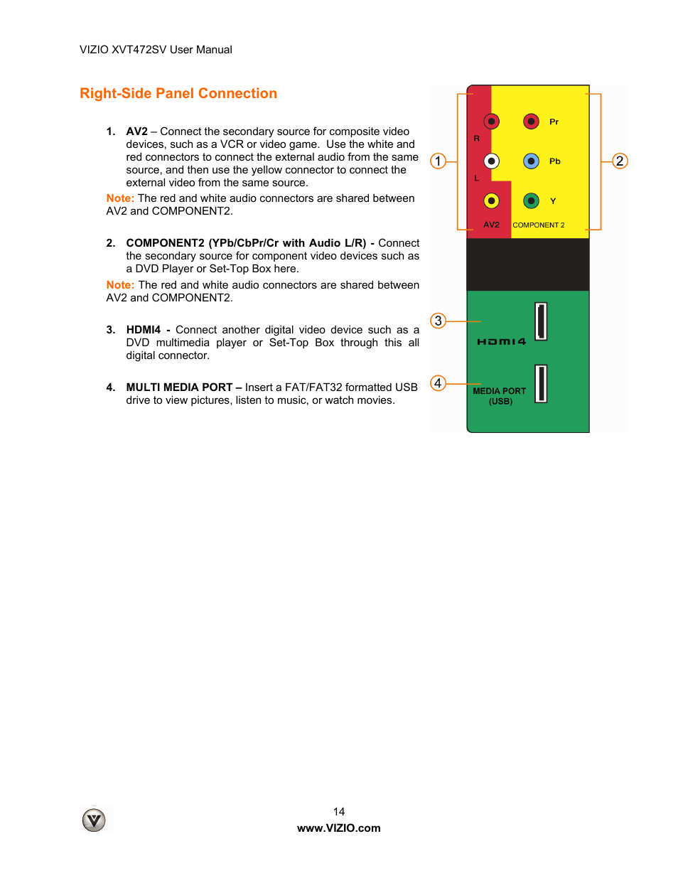 Right-side panel connection | Vizio XVT472SV User Manual | Page 14 / 83