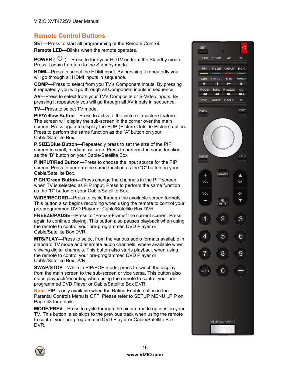 Remote control buttons | Vizio XVT472SV User Manual | Page 16 / 83