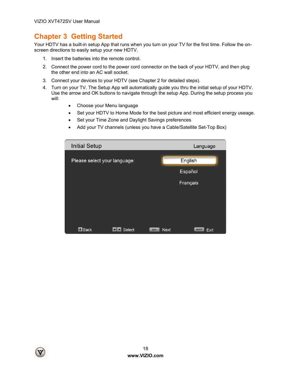 Chapter 3 getting started | Vizio XVT472SV User Manual | Page 18 / 83