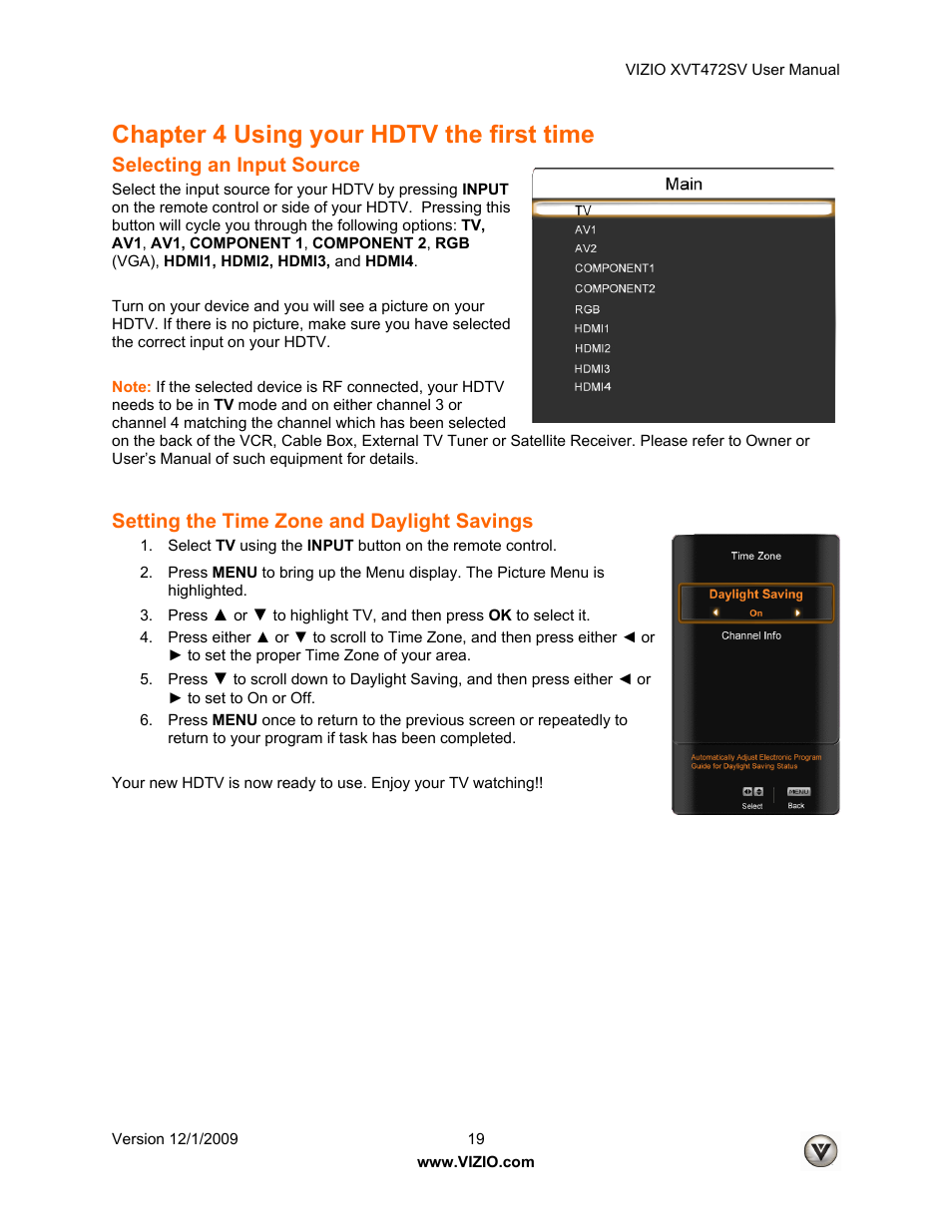 Chapter 4 using your hdtv the first time, Selecting an input source, Setting the time zone and daylight savings | Vizio XVT472SV User Manual | Page 19 / 83