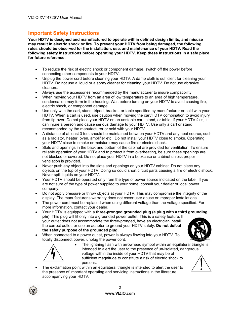 Important safety instructions | Vizio XVT472SV User Manual | Page 2 / 83