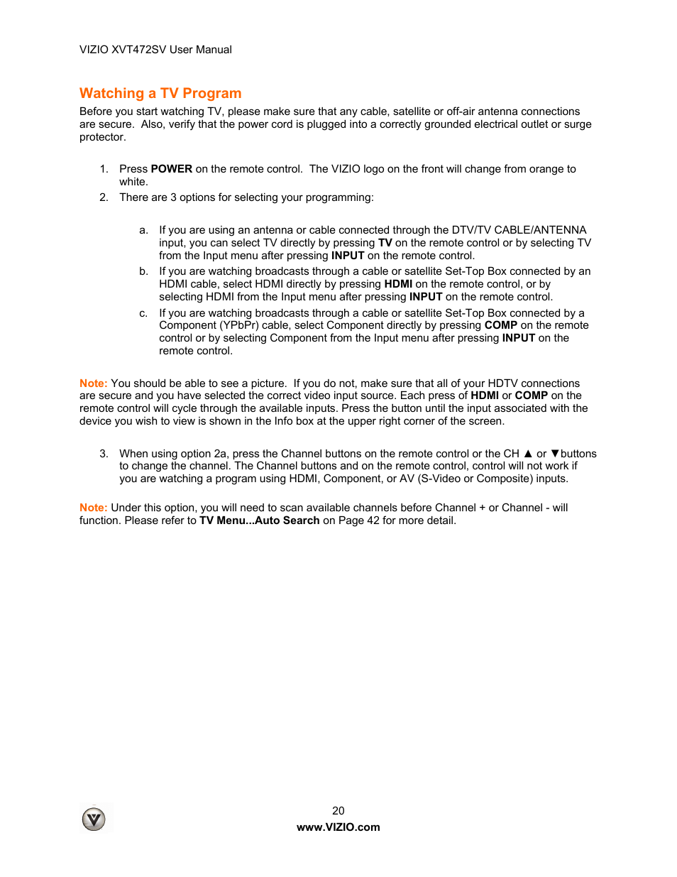 Watching a tv program | Vizio XVT472SV User Manual | Page 20 / 83