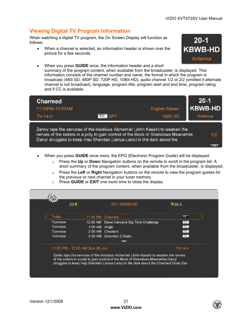 Viewing digital tv program information | Vizio XVT472SV User Manual | Page 21 / 83