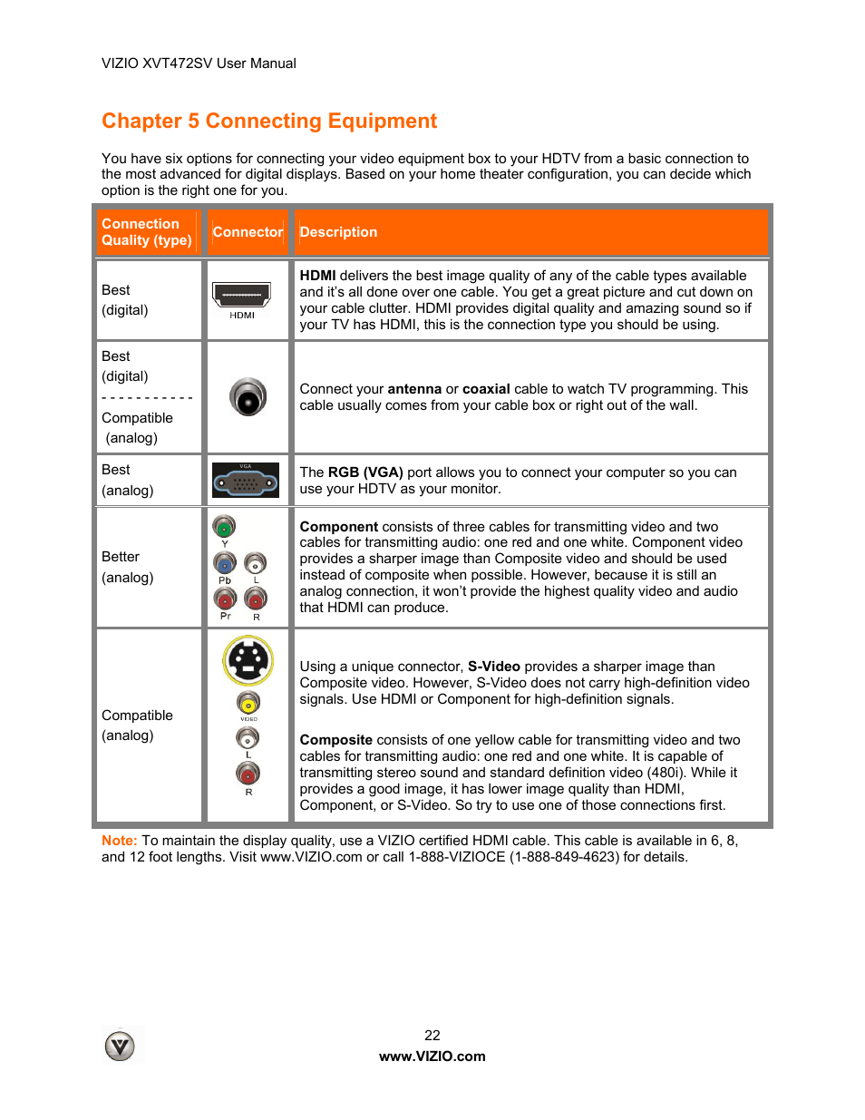 Chapter 5 connecting equipment | Vizio XVT472SV User Manual | Page 22 / 83