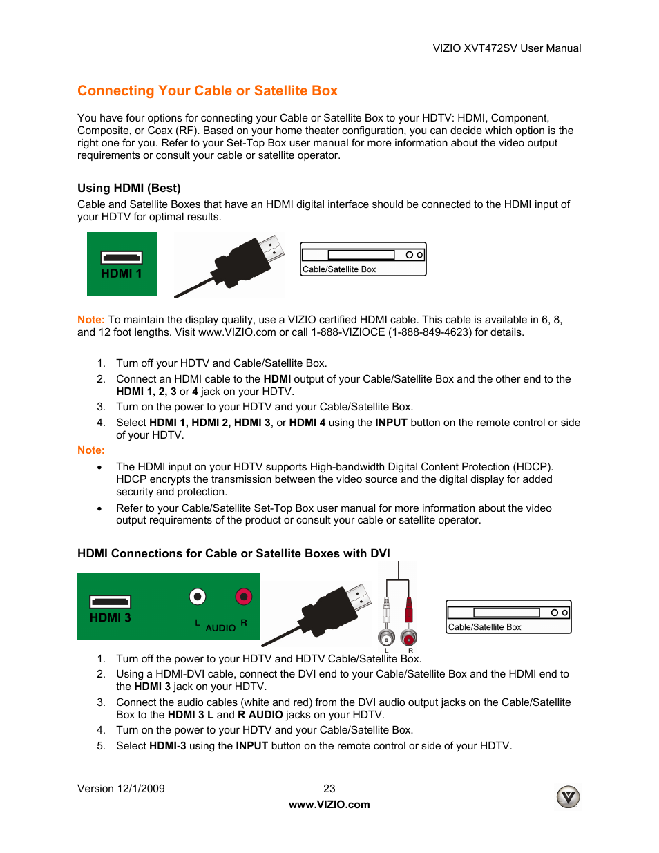 Connecting your cable or satellite box | Vizio XVT472SV User Manual | Page 23 / 83