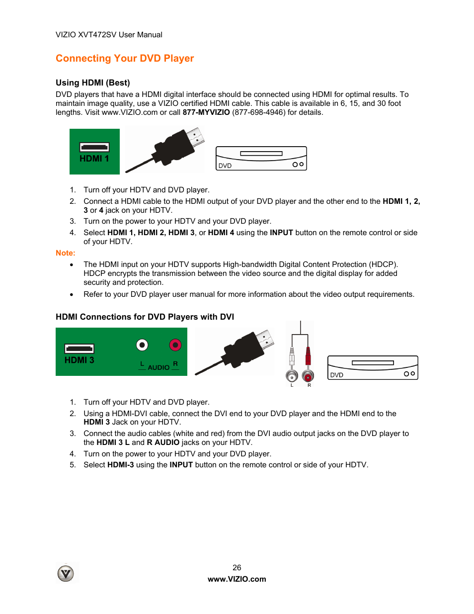 Connecting your dvd player | Vizio XVT472SV User Manual | Page 26 / 83