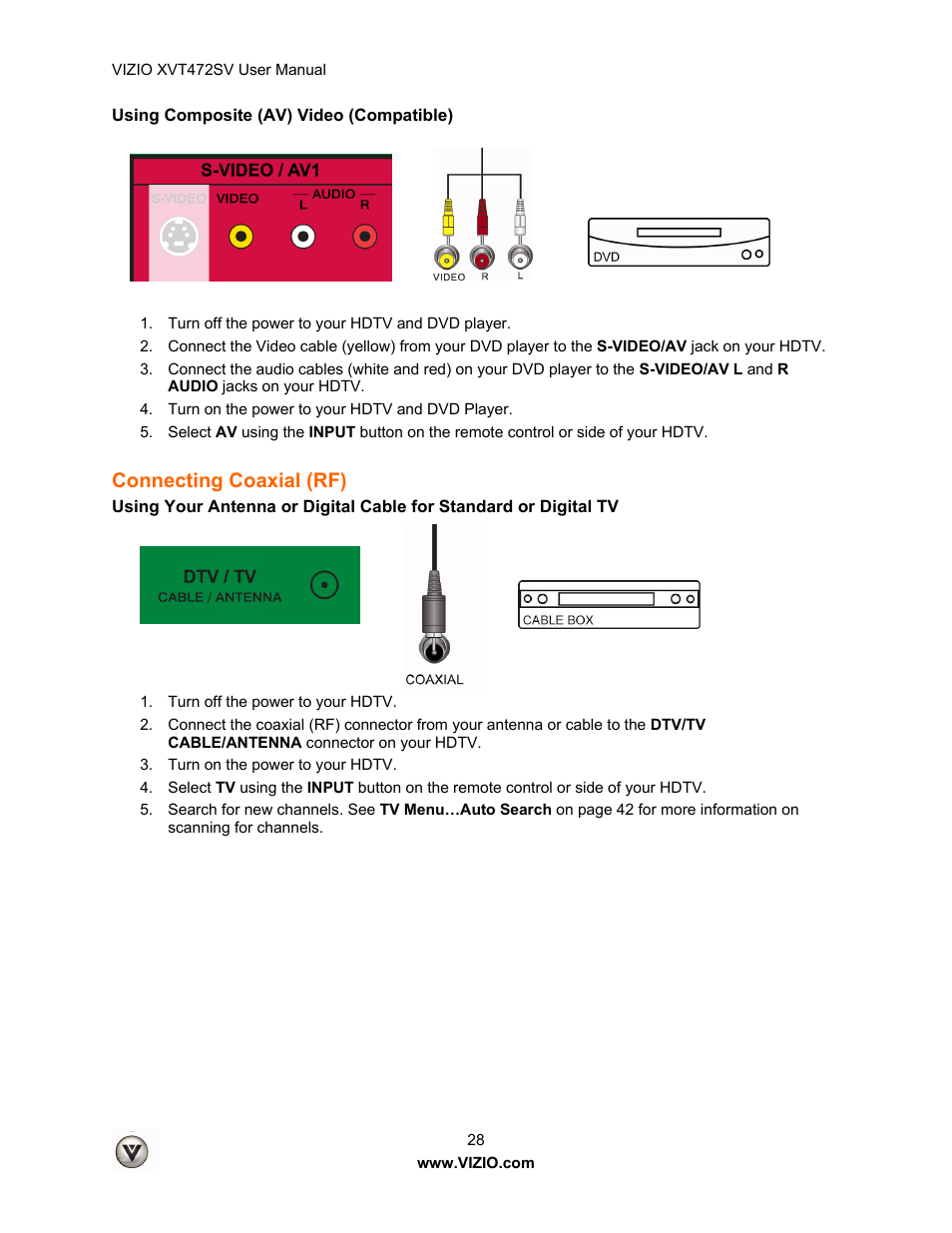 Connecting coaxial (rf) | Vizio XVT472SV User Manual | Page 28 / 83