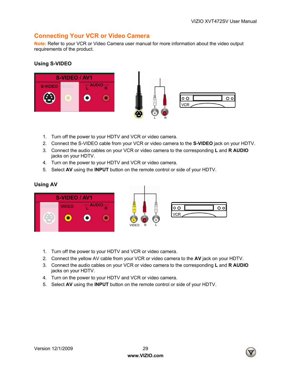 Connecting your vcr or video camera | Vizio XVT472SV User Manual | Page 29 / 83