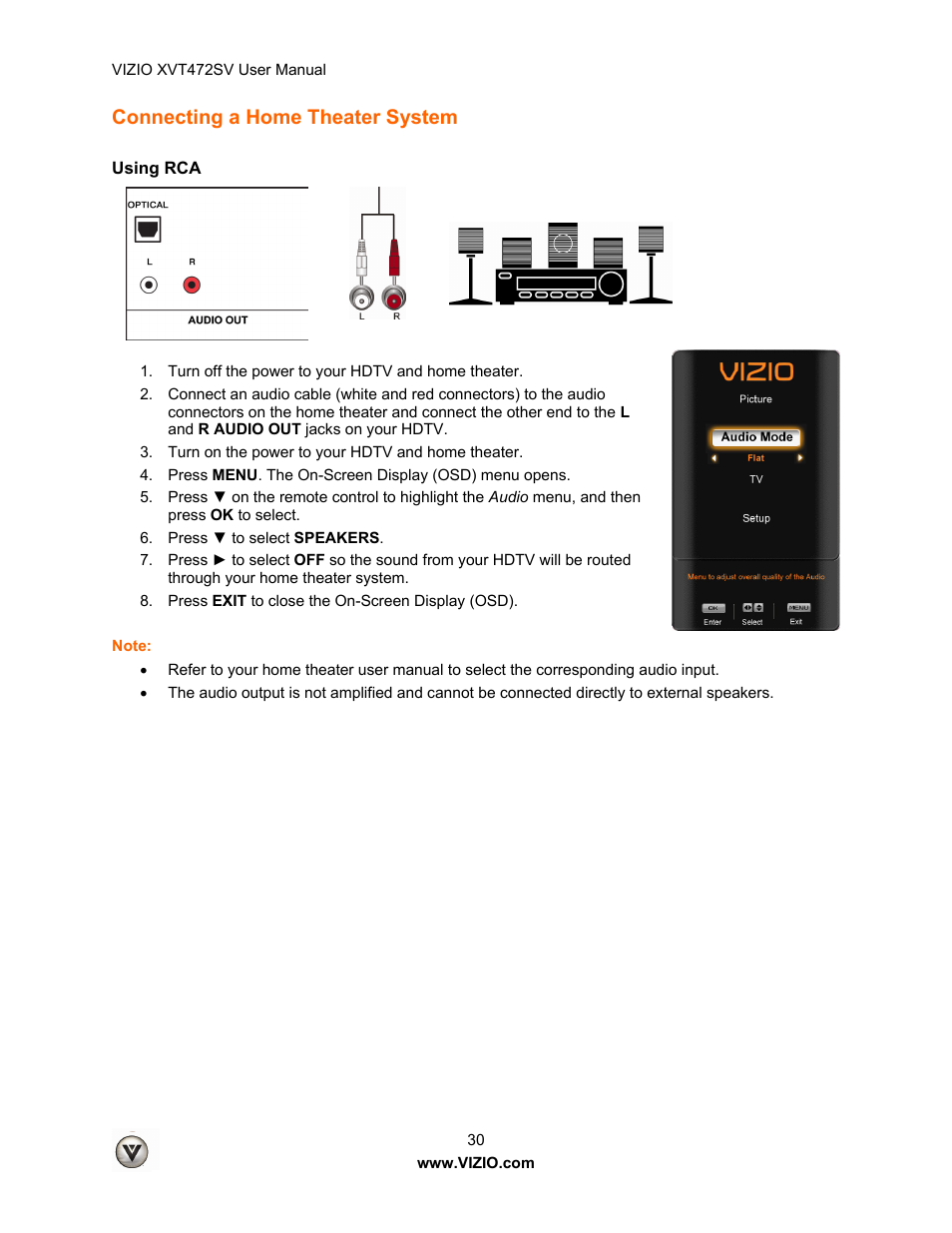 Connecting a home theater system | Vizio XVT472SV User Manual | Page 30 / 83