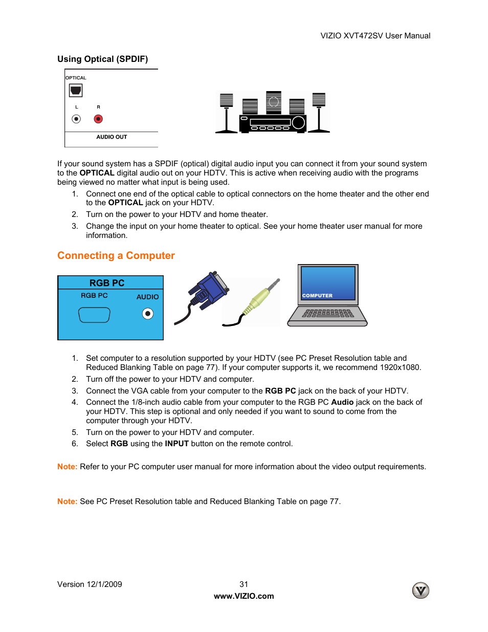 Connecting a computer | Vizio XVT472SV User Manual | Page 31 / 83