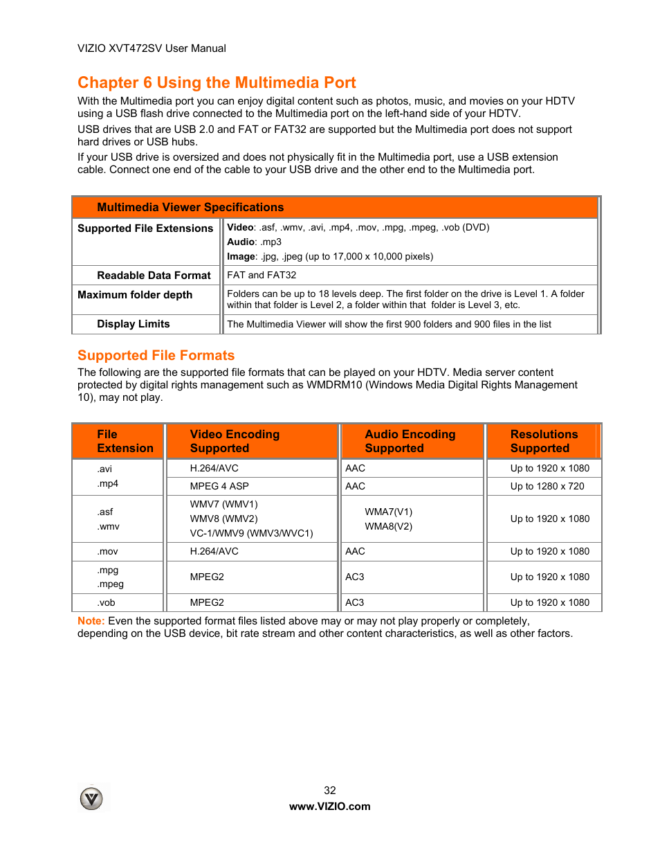 Chapter 6 using the multimedia port, Supported file formats | Vizio XVT472SV User Manual | Page 32 / 83